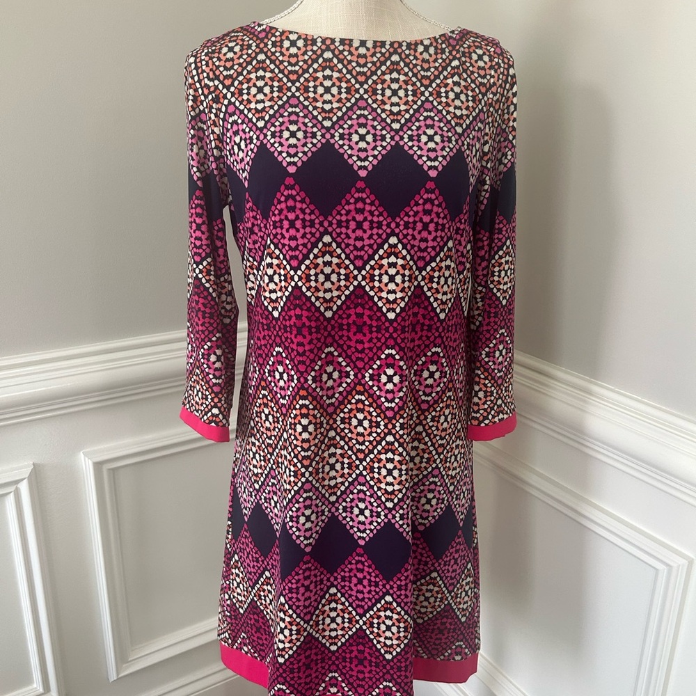 Eliza J Purple and Pink Sheath Dress with Bateau Neckline